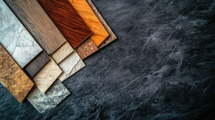 Various samples of wood and stone flooring arranged on a black surface.