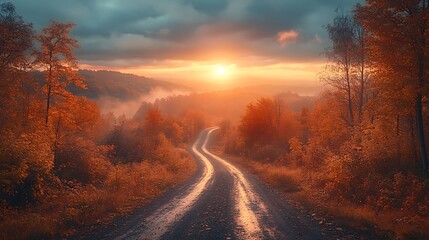 Obraz premium Winding road through autumn forest with a scenic sunset in the background.