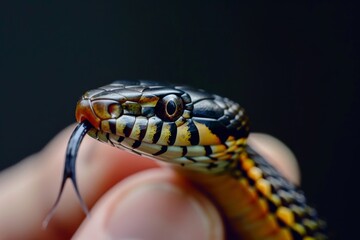Fototapeta premium Garter snake macro, snake head closeup, a dangerous reptile in hands, wild nature photo
