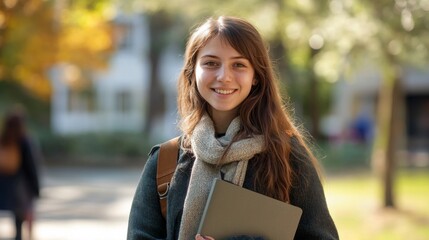 Obraz premium Portrait, girl or art college student on outdoor campus in university for opportunity or studying. Confident, happy woman or proud person with smile or notebook for school, education or scholarship