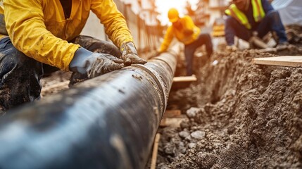 Workers installing a plastic sewage pipe at a construction site, with a focus on infrastructure and a clear space for text or branding.