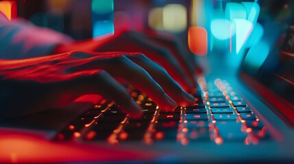 Close up image of hands working on a laptop keyboard in a contemporary office illustrating the integration of technology and communication in daily work