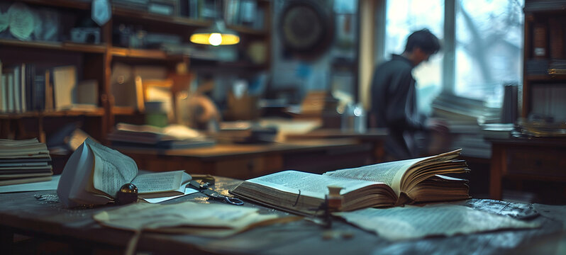 Unfolded book lying on table, male bookbinder in background binding book, generative AI