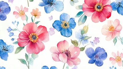 Watercolor floral pattern with pink, blue, and yellow flowers on a white background.