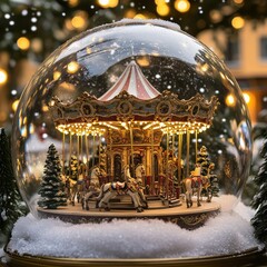 Boule à neige carrousel illuminé avec chevaux sous la neige