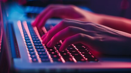Detailed close up of hands on a laptop keyboard showcasing contemporary technology for work tasks and effective communication in a business environment