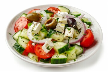 Greek Salad in Light Plate Isolated, Villages Salad or Horiatiki with Tomatoes, Diced Cucumbers, Onion
