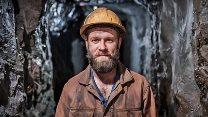Fototapeta premium A Miner in a Helmet and Work Clothes, With a Beard and a Dirty Face