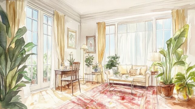 Watercolor painting of a living room with a couch, a desk, and plants.