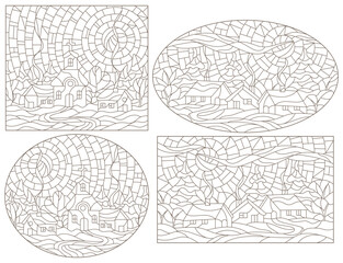 Fototapeta premium A set of contour illustrations of stained glass Windows with rural landscapes, a Church on a background of snowdrifts and the sky, dark contours on a white background