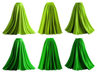 2 Set of dark light green lime maxi long pleated flowy flare skirt, front back side twirl view on transparent background cutout, PNG. Many different angle. Mockup template for artwork graphic design
