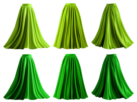 2 Set of dark light green lime maxi long pleated flowy flare skirt, front back side twirl view on transparent background cutout, PNG. Many different angle. Mockup template for artwork graphic design