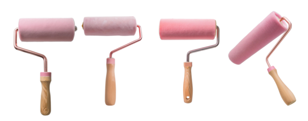 Set of four pink paint rollers with wooden handles against white background, ideal for paint projects or DIY home improvement tasks.