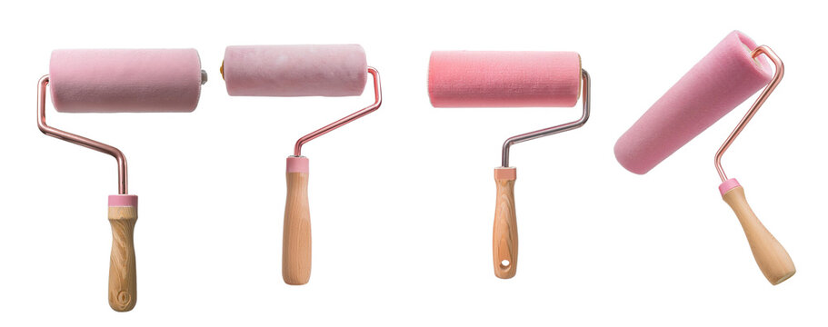 Set of four pink paint rollers with wooden handles against white background, ideal for paint projects or DIY home improvement tasks. - Powered by Adobe