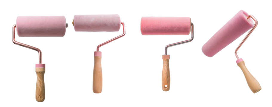 Set of four pink paint rollers with wooden handles against white background, ideal for paint projects or DIY home improvement tasks.