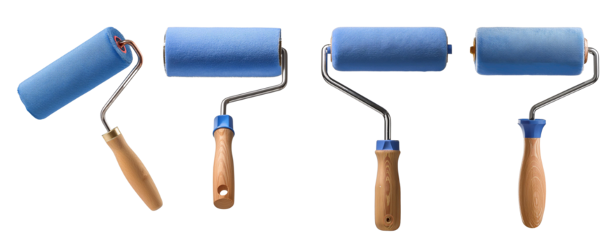 Set of four clean paint rollers with blue foam covers and wooden handles, isolated on transparent background. Ideal for painting projects.