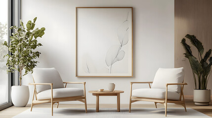 Two armchairs in room with white wall and big frame poster on it. Scandinavian style interior design of modern living room. 