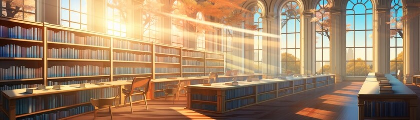 An old library lit by a row of high windows, sunlight streaming onto rows of books in this tranquil illustration