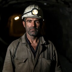 Fototapeta premium A Miner in a Helmet and Work Clothes, With a Beard and a Dirty Face