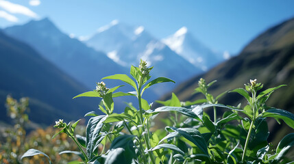 Fototapeta premium A close-up of Himalayan medicinal herbs growing in their natural mountainous habitat, with a backdrop of snow-capped peaks 