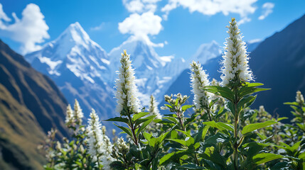 A close-up of Himalayan medicinal herbs growing in their natural mountainous habitat, with a backdrop of snow-capped peaks 