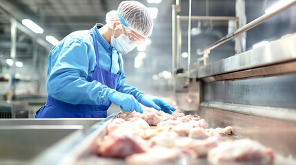A dedicated worker clad in blue protective gear meticulously cuts chicken meat in a bustling processing line, showcasing the intensity of food production