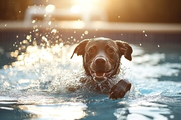 Happy dog swimming in pool at sunset.