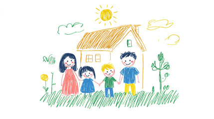 A cheerful family of four smiles happily while holding hands outside their colorful house, enjoying a bright sunny day in a playful chalk drawing