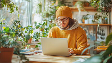 A man in a yellow sweater is sitting at a desk with a laptop