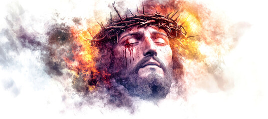 Obraz premium The divine figure of Jesus appears engulfed in flames, crowned with thorns, emanating intense emotion amidst swirling smoke and vibrant colors