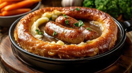 A British dish consisting of sausages cooked in Yorkshire pudding batter, served with a rich onion gravy, mashed potatoes and steamed vegetables.