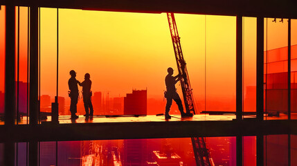 The silhouettes of builders dynamically shape a high-rise structure as a warm gradient sky sets the backdrop, showcasing their hard work in progress
