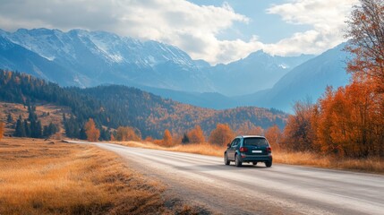 A car drives along a winding road through an autumnal landscape, with snow-capped mountains in the distance.