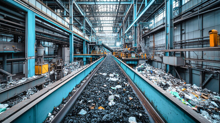 Fototapeta premium The facility processes plastic and glass waste on a conveyor belt within a sprawling industrial environment, highlighting recycling efforts