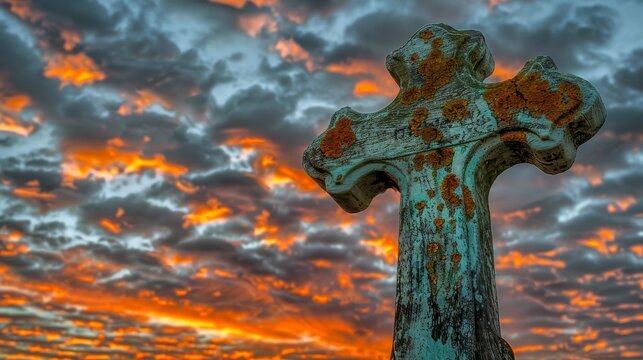 Weathered stone cross against dramatic sunset sky, serene scene.