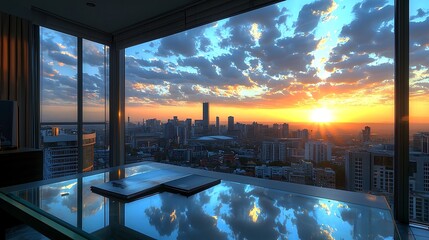 Obraz premium South African office featuring a glass table against an urban sunrise in Johannesburg.