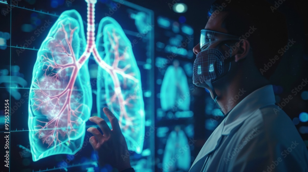 Aufkleber A man in a lab coat is looking at a computer screen with a lung on it