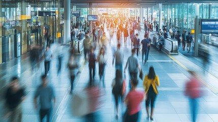 Blurred crowd moving in busy airport terminal