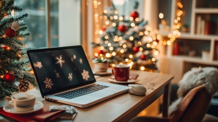 A cozy workspace with a laptop showing a snowflake on screen, surrounded by Christmas decorations and warm string lights in a home office setting.