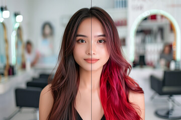 Before after hair color transformation brunette to vibrant red balayage spa salon makeover bold haircare creative style beauty dye modern look split screen young woman female 