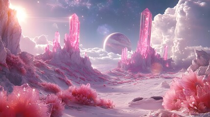 a alien planet with glass like cristals and pink landscape