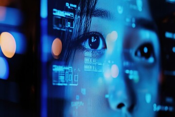 Close-up of woman's face with futuristic digital overlay