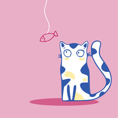 Cute pattern collection with cat. Decorative abstract horizontal banner with colorful doodles and shapes. Hand-drawn modern illustrations with cat