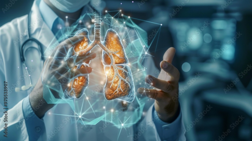 Poster a doctor is holding a model of a lung and is pointing to it