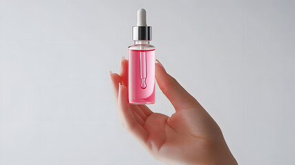 Elegant Hand Holding a Dropper with Pink Serum on White Background