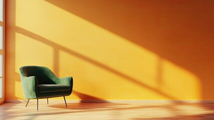 A green velvet armchair sits in a room with a yellow wall and sunlight streaming through the window.