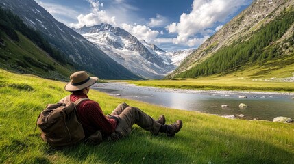Naklejka premium A hiker sits on a grassy meadow beside a river with snow-capped mountains in the distance.