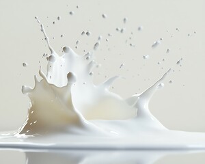 Pouring milk splashing in the air, with a clean white background and open space on the left side for messaging