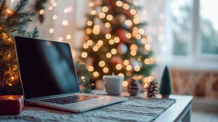 A cozy workspace with a laptop showing a snowflake on screen, surrounded by Christmas decorations and warm string lights in a home office setting.