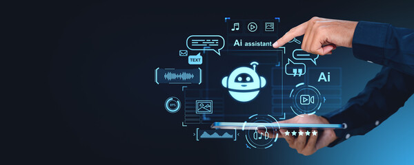 Human hand interacting with AI assistant hologram on a digital tablet screen.